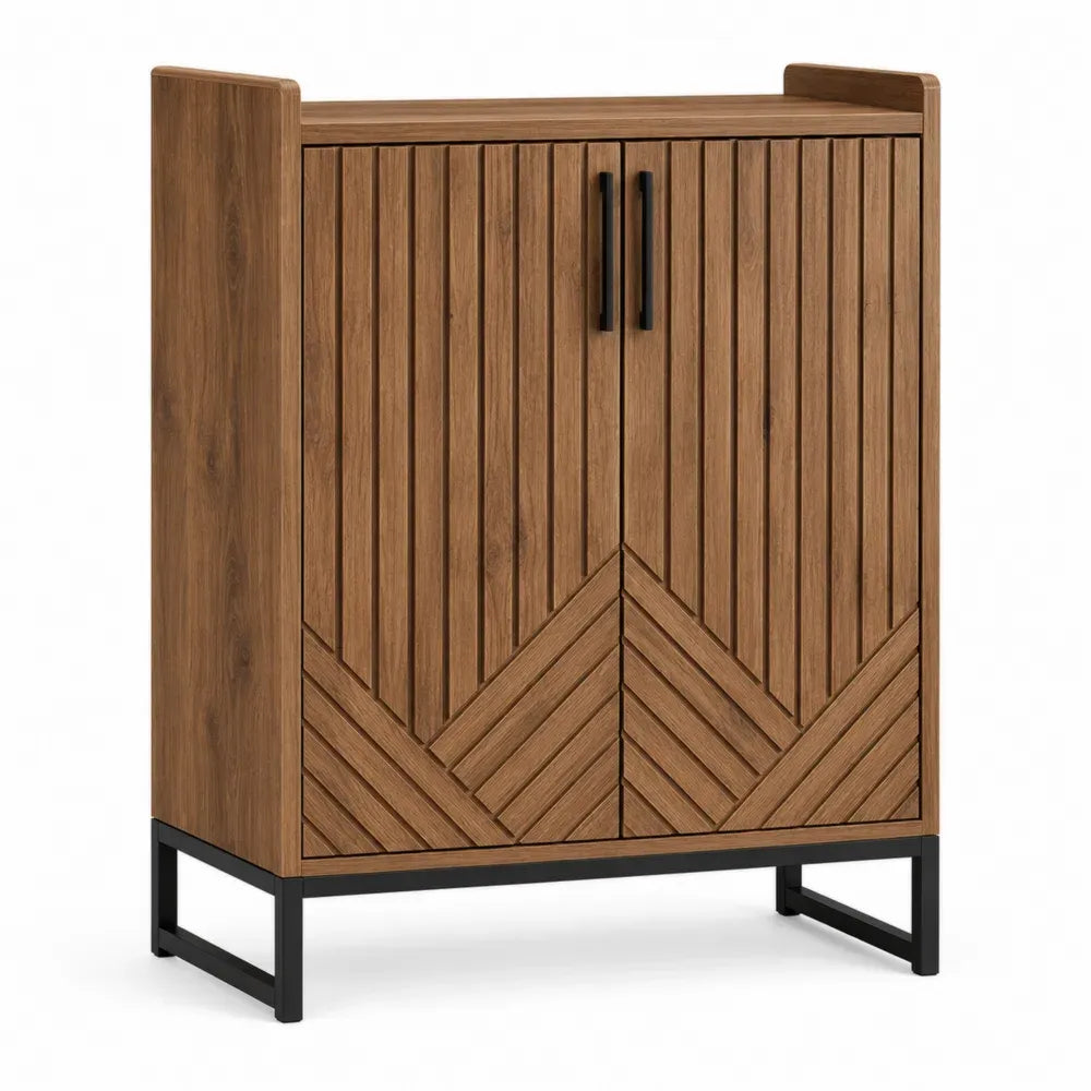 Mueble de almacenamiento de MDF con chapa de madera marrón puertas acanaladas y base de acero negro 90 x 40 x 120 cm
