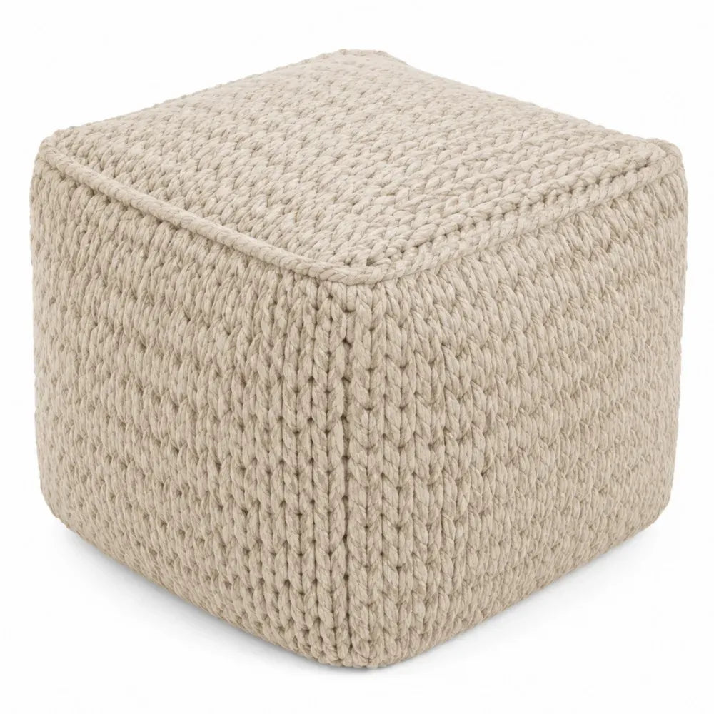 Reposapiés cubo trenzado de cuerda de poliéster estructura rígida 45 cm x 45 cm x 45 cm color beige claro