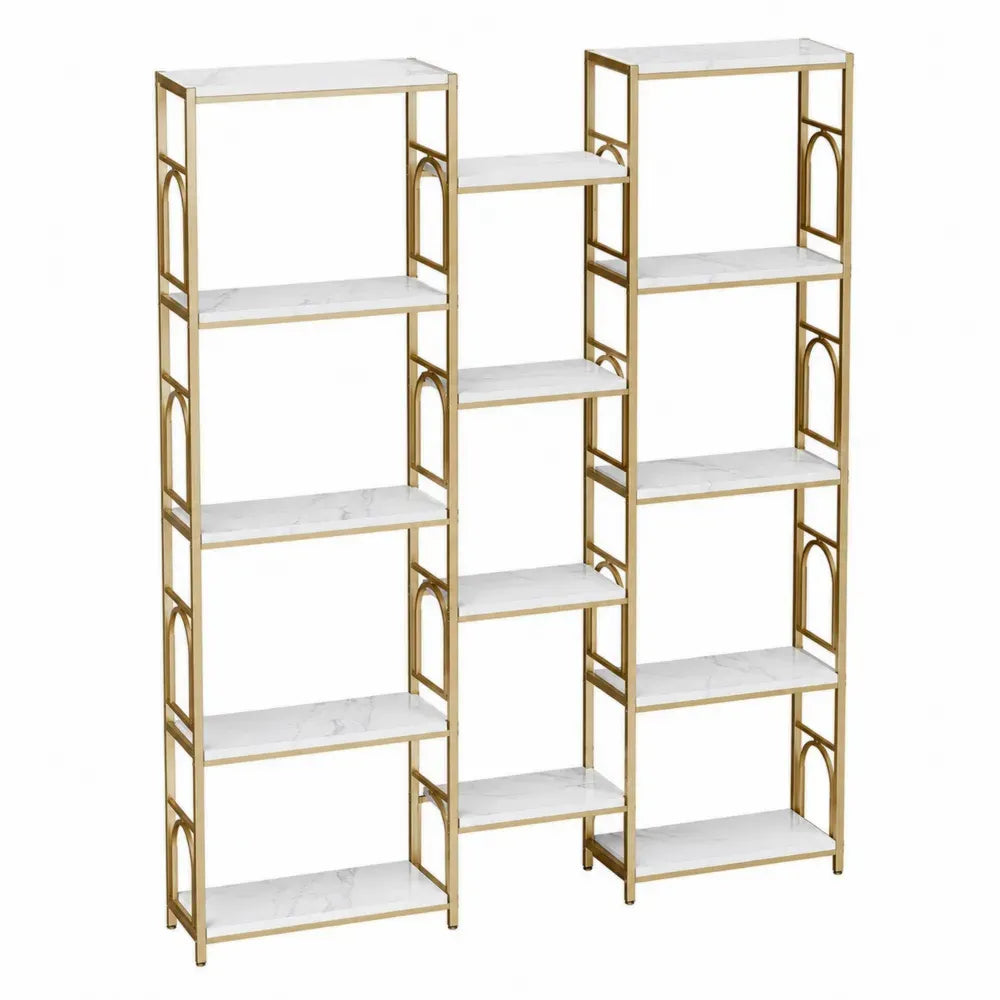 Estantería librería modular de 3 columnas con estructura de acero dorado y baldas efecto mármol blanco 180 x 30 x 180 cm