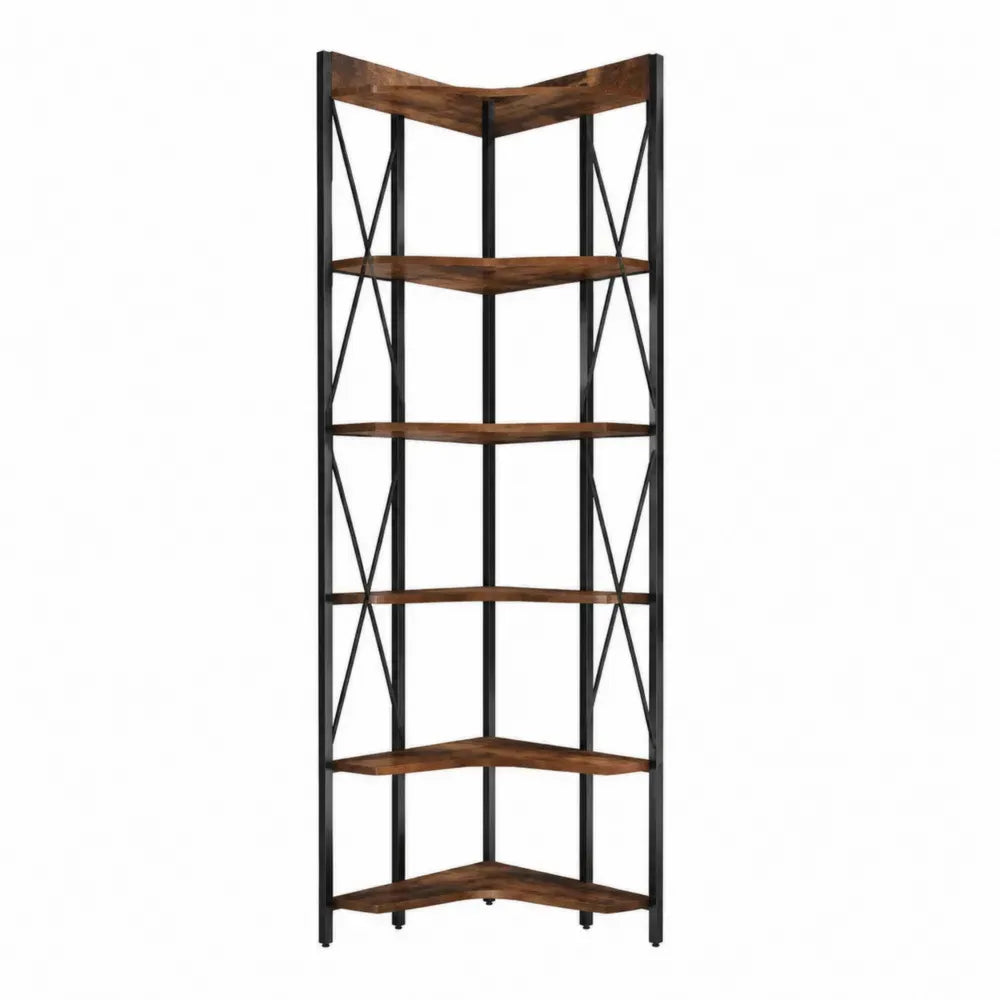 Librería estantería esquinera en L metal y madera MDF negro marrón madera oscura 90 x 30 x 180 cm 5 niveles estructura abierta