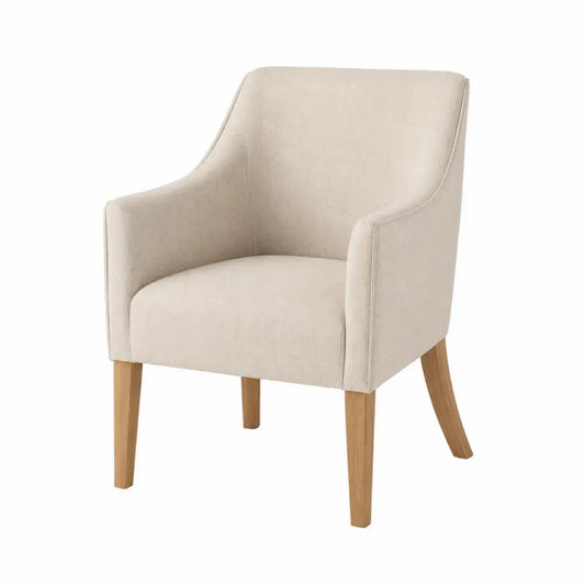silla de comedor tapizada en tejido de poliéster con reposabrazos y patas de madera maciza de roble color beige 58 cm x 58 cm x 82 cm