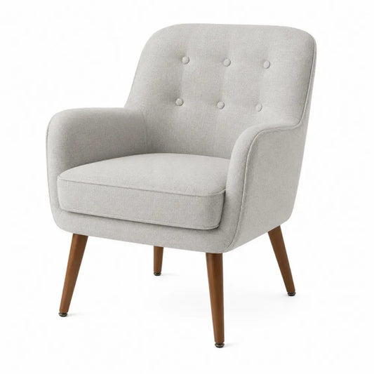 Silla butaca tapizada con reposabrazos respaldo capitoné patas de madera maciza tejido poliéster 82 cm x 58 cm x 60 cm gris claro