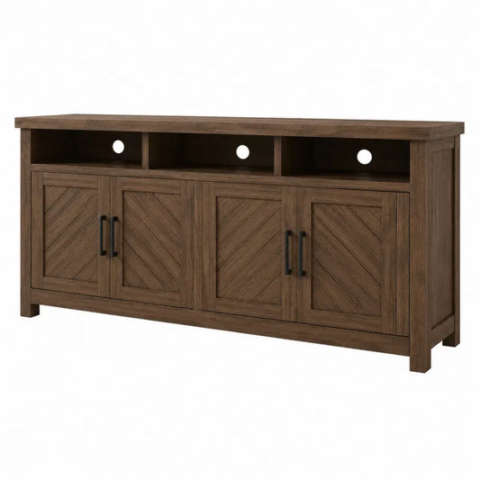 aparador de salón de madera con 4 puertas y compartimentos abiertos diseño acanalado color roble oscuro 160 cm x 40 cm x 80 cm