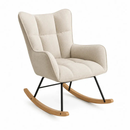 Silla mecedora tapizada de poliéster beige con brazos estructura de acero negro y patines de madera natural 65 x 80 x 95 cm