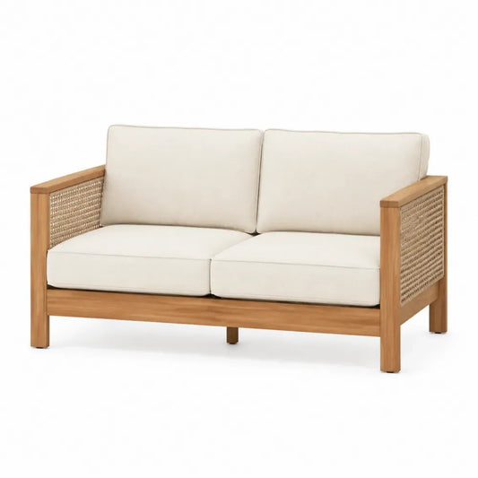 Sofá de exterior de dos plazas en madera maciza con cuerda trenzada lateral y cojines de poliéster beige 160 x 80 x 75 cm