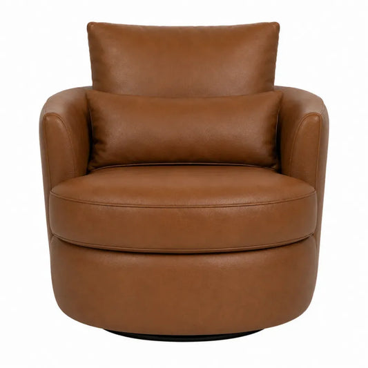 Sillón giratorio tapizado en piel sintética PU marrón con asiento redondo acolchado y base negra 80 x 75 x 85 cm