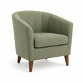 Sillón tapizado en tejido de poliéster color verde oliva con respaldo curvo y patas de madera maciza 78 cm x 72 cm x 70 cm