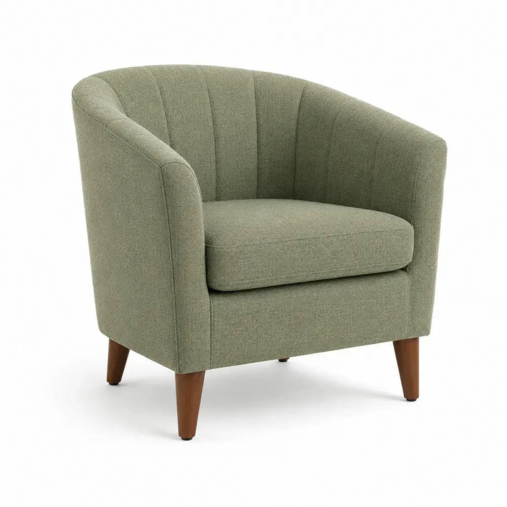 Sillón tapizado en tejido de poliéster color verde oliva con respaldo curvo y patas de madera maciza 78 cm x 72 cm x 70 cm
