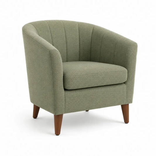 Sillón tapizado en tejido de poliéster color verde oliva con respaldo curvo y patas de madera maciza 78 cm x 72 cm x 70 cm