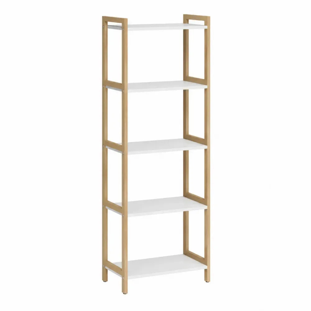 estantería abierta de oficina 170 cm alto 60 cm ancho 30 cm fondo estructura de bambú con estantes MDF blanco diseño vertical 5 niveles