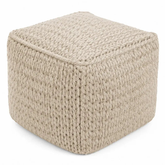 Reposapiés cubo trenzado de cuerda de poliéster estructura rígida 45 cm x 45 cm x 45 cm color beige claro