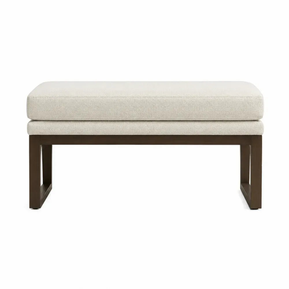 Reposapiés tapizado en tejido poliéster color beige con patas de madera maciza diseño rectangular 100 x 40 x 45 cm