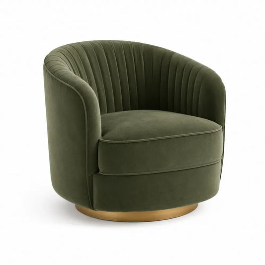 Sillón giratorio tapizado en terciopelo poliéster con base metálica dorada estructura tipo barril color verde oliva 78 cm x 75 cm x 72 cm
