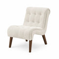 Sillón auxiliar tapizado en tejido bouclé beige con respaldo capitoné y patas de madera maciza 75 x 70 x 70 cm