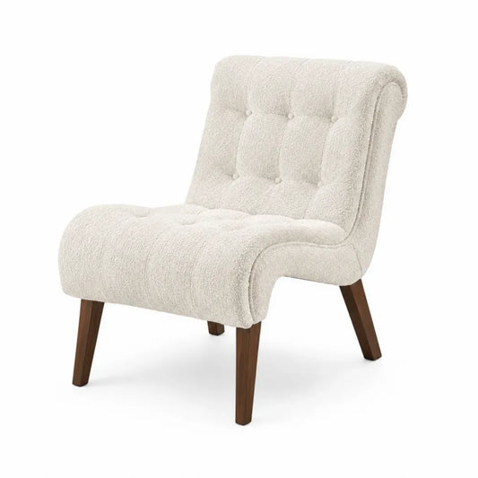 Sillón auxiliar tapizado en tejido bouclé beige con respaldo capitoné y patas de madera maciza 75 x 70 x 70 cm