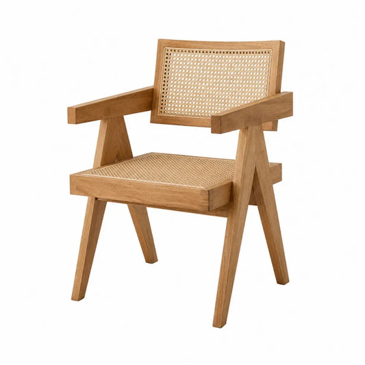Silla de comedor con reposabrazos y respaldo rectangular de madera maciza de fresno con rejilla de ratán PE natural 58 x 52 x 78 cm