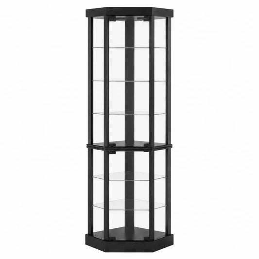 Vitrina expositora hexagonal de acero negro y vidrio templado transparente con estantes 45 x 45 x 180 cm