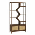 Librería estantería alta con armario inferior 2 puertas de ratán y estantes abiertos de MDF efecto nogal 80 x 35 x 180 cm