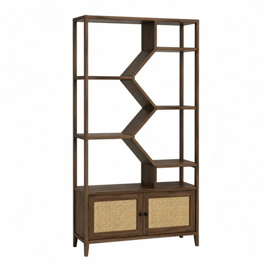 Librería estantería alta con armario inferior 2 puertas de ratán y estantes abiertos de MDF efecto nogal 80 x 35 x 180 cm