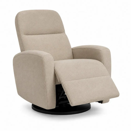 Sillón reclinable giratorio con reposapiés tapizado en tejido de poliéster estructura de madera contrachapada y base metálica negra color beige 85 cm x 80 cm x 100 cm