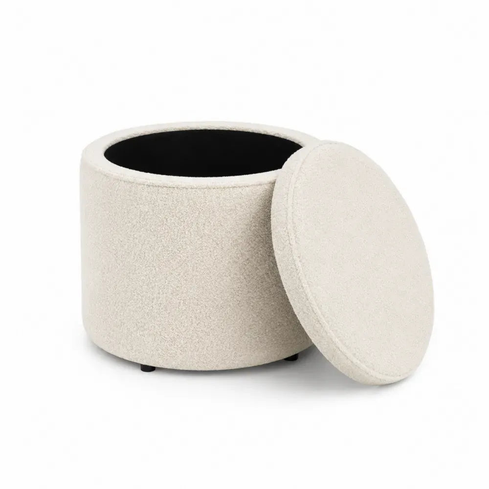 Puf reposapiés cilíndrico con almacenaje tejido bouclé estructura MDF con tapa desmontable 45 cm x 45 cm x 40 cm color beige claro