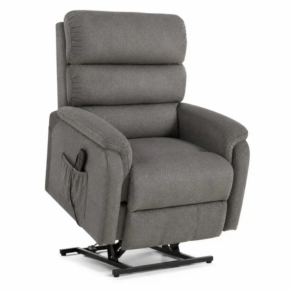 Sillón reclinable eléctrico elevador tapizado en tejido de poliéster gris con mando con cable y base de acero negro 82 x 92 x 105 cm