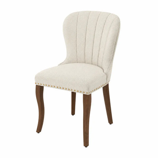 Silla de comedor tapizada con respaldo alto curvado tejido de poliéster beige y patas de madera de caucho marrón 55 x 58 x 82 cm
