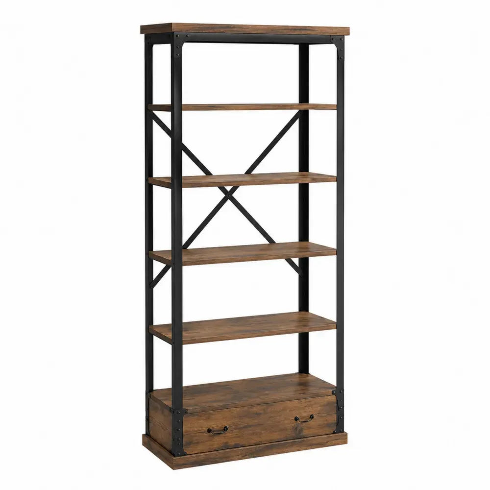 librería industrial de oficina 180 cm alto 90 cm ancho 35 cm fondo estructura de metal negro con estantes de madera y cajón inferior diseño abierto