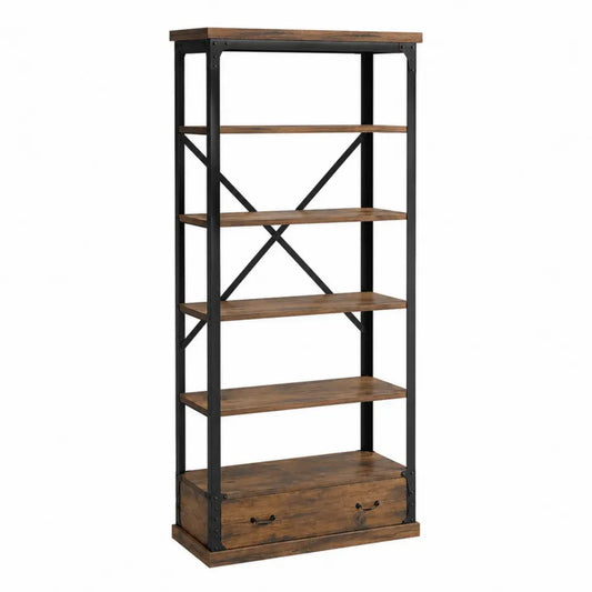 librería industrial de oficina 180 cm alto 90 cm ancho 35 cm fondo estructura de metal negro con estantes de madera y cajón inferior diseño abierto