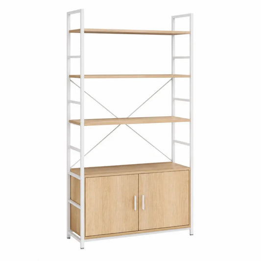 Librería estantería con armario inferior madera MDF metal blanco madera natural 80 x 30 x 180 cm 4 niveles abiertos