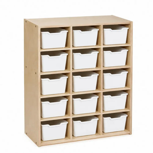 Organizador de almacenamiento con 15 contenedores PP blancos estructura de MDF madera natural 80 x 30 x 90 cm
