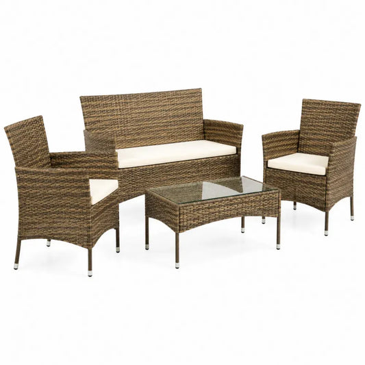 Conjunto de muebles de exterior de 4 piezas con sofá de dos plazas sillones de ratán PE mesa rectangular de vidrio templado marrón beige y transparente