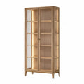 Armario vitrina de MDF con chapa de madera natural puertas de vidrio estriado estantes interiores LED 180 cm x 80 cm x 35 cm madera clara