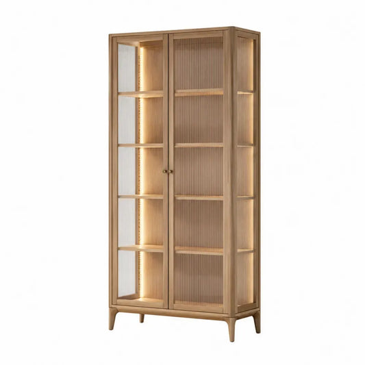 Armario vitrina de MDF con chapa de madera natural puertas de vidrio estriado estantes interiores LED 180 cm x 80 cm x 35 cm madera clara