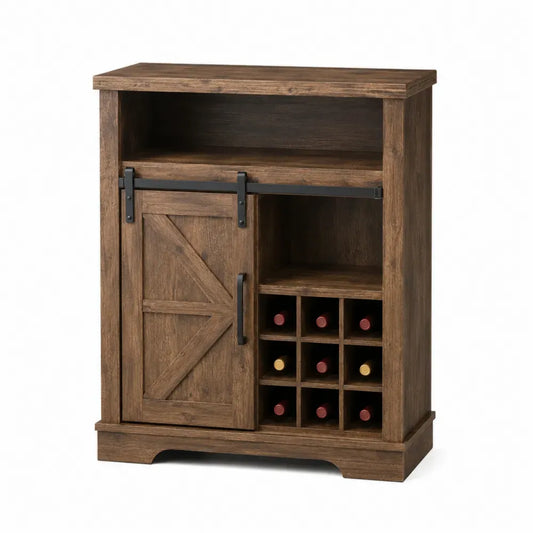 Mueble de almacenamiento con botellero de MDF efecto madera marrón puerta corredera tipo granero y herrajes negros 110 x 40 x 90 cm