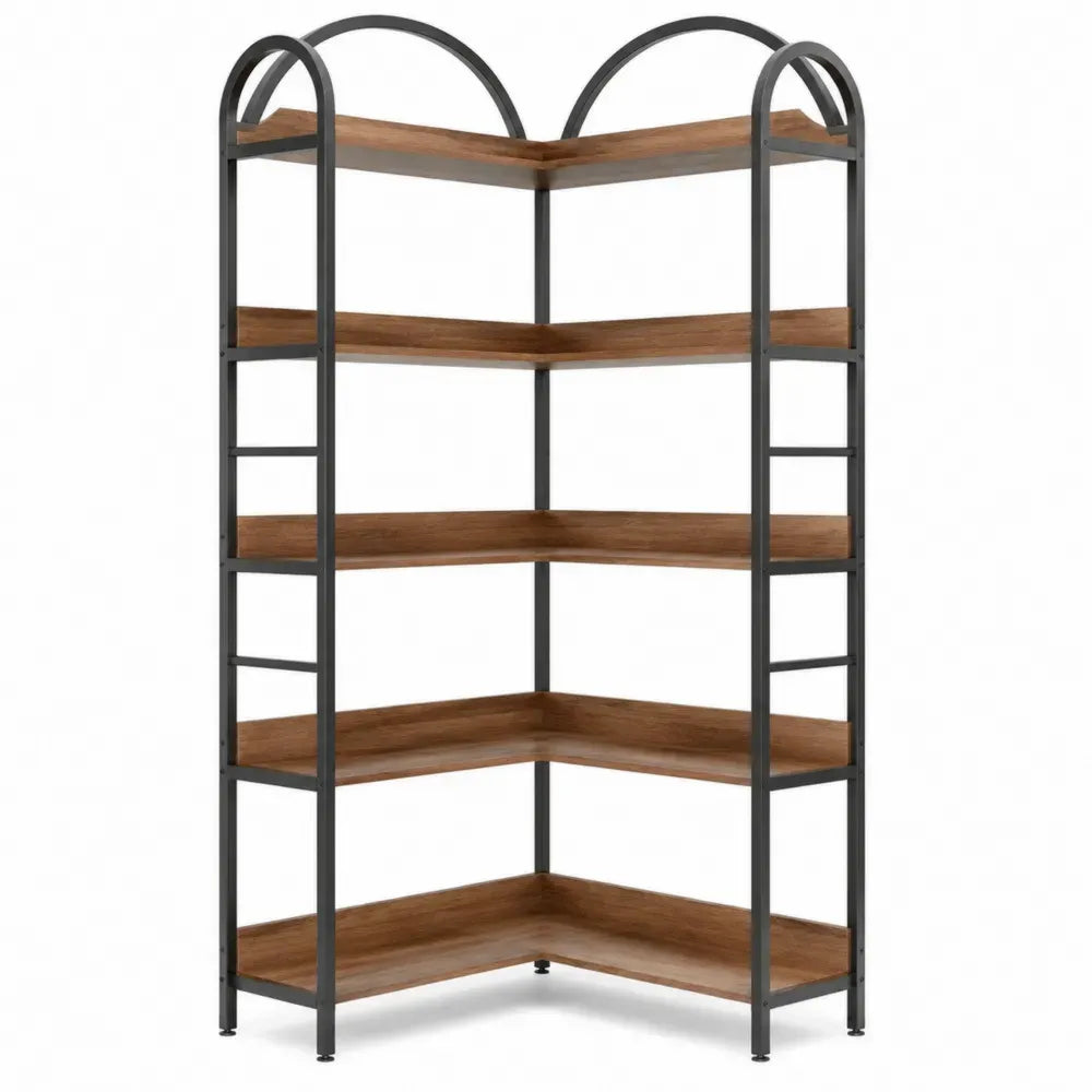 Librería estantería esquinera en L metal y madera MDF negro marrón 90 x 30 x 180 cm 5 niveles estructura abierta