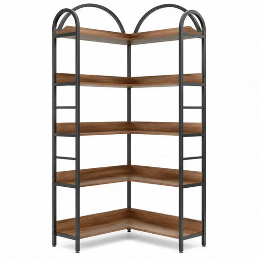 Librería estantería esquinera en L metal y madera MDF negro marrón 90 x 30 x 180 cm 5 niveles estructura abierta