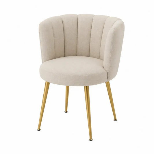 Silla de comedor tapizada con respaldo curvado acanalado tejido de poliéster beige y patas metálicas doradas 56 x 58 x 80 cm