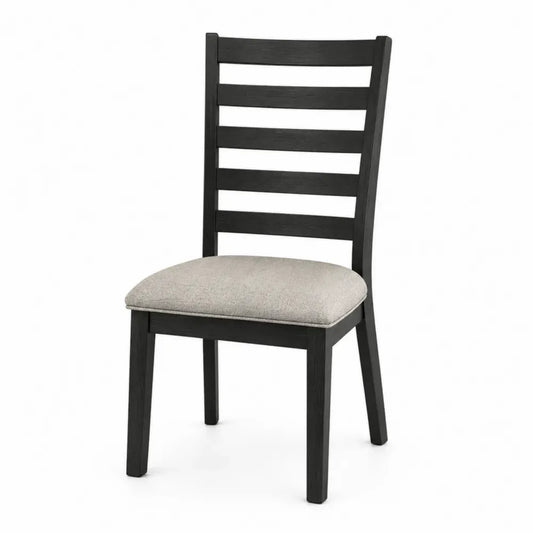 silla de comedor de madera maciza negra con asiento tapizado gris respaldo de listones 45 cm x 52 cm x 85 cm