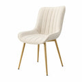 Silla de comedor tapizada sin reposabrazos con respaldo curvado acanalado tejido de poliéster beige y patas metálicas doradas 55 x 58 x 80 cm