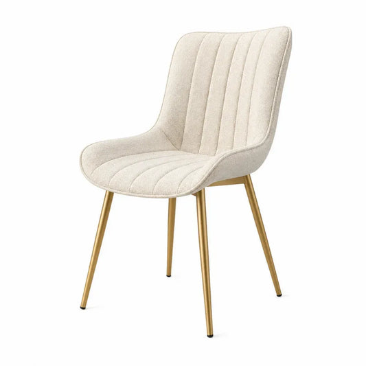 Silla de comedor tapizada sin reposabrazos con respaldo curvado acanalado tejido de poliéster beige y patas metálicas doradas 55 x 58 x 80 cm