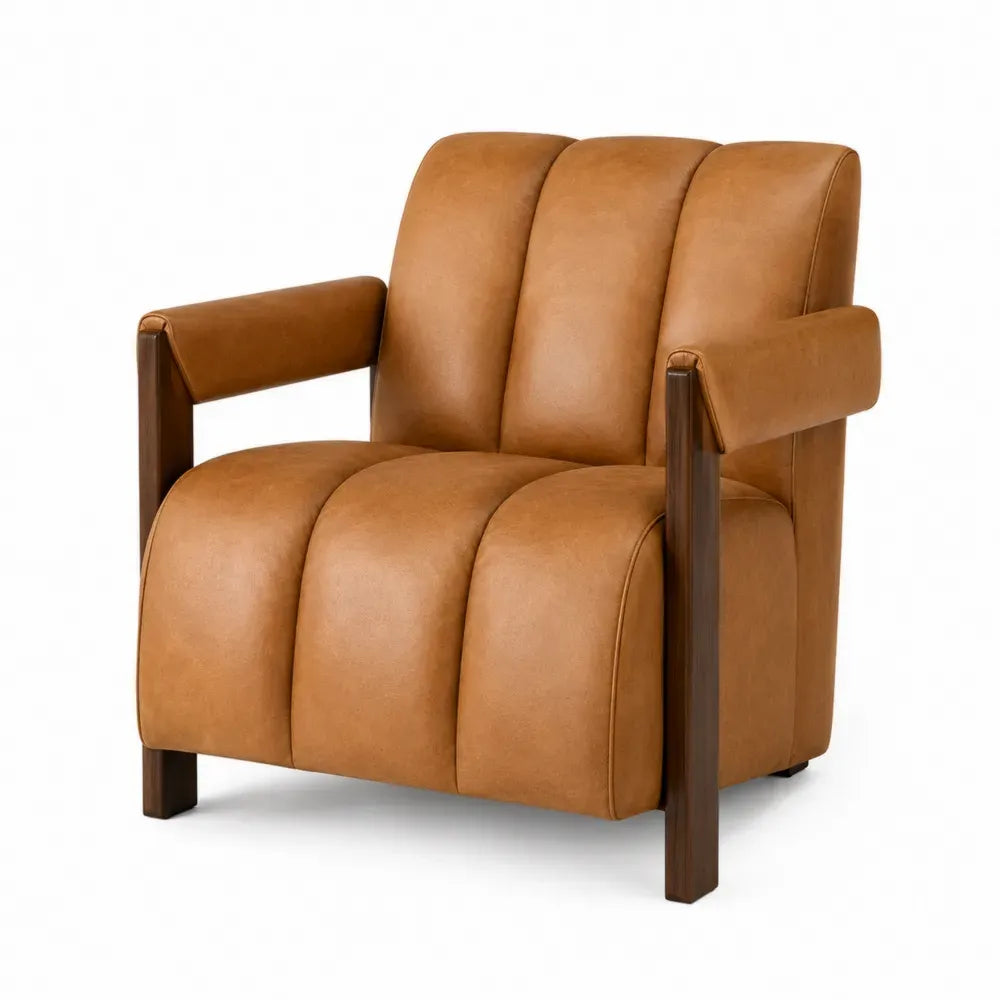 Sillón fijo tapizado en piel sintética PU marrón con respaldo acanalado reposabrazos de madera y asiento acolchado 85 x 90 x 105 cm