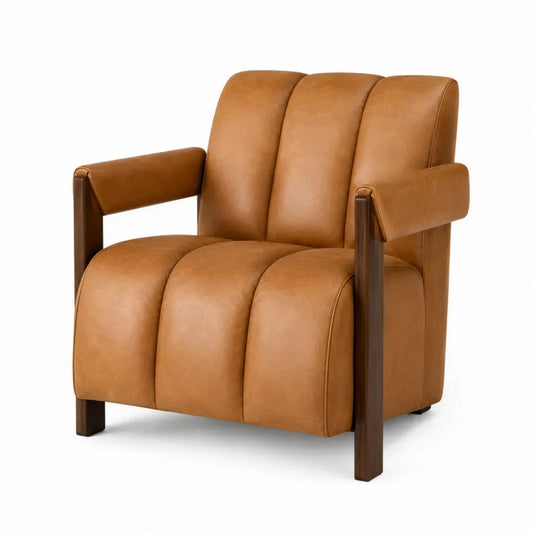 Sillón fijo tapizado en piel sintética PU marrón con respaldo acanalado reposabrazos de madera y asiento acolchado 85 x 90 x 105 cm