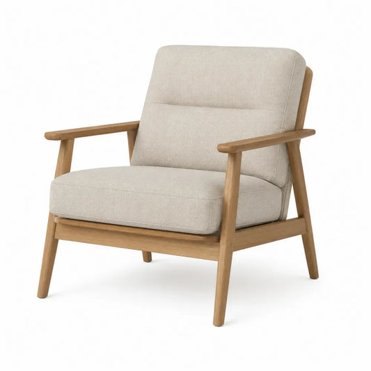Silla tapizada con reposabrazos asiento rectangular de poliéster beige y madera maciza de caucho 70 x 72 x 85 cm