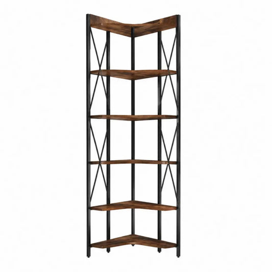 Librería estantería esquinera en L metal y madera MDF negro marrón madera oscura 90 x 30 x 180 cm 5 niveles estructura abierta